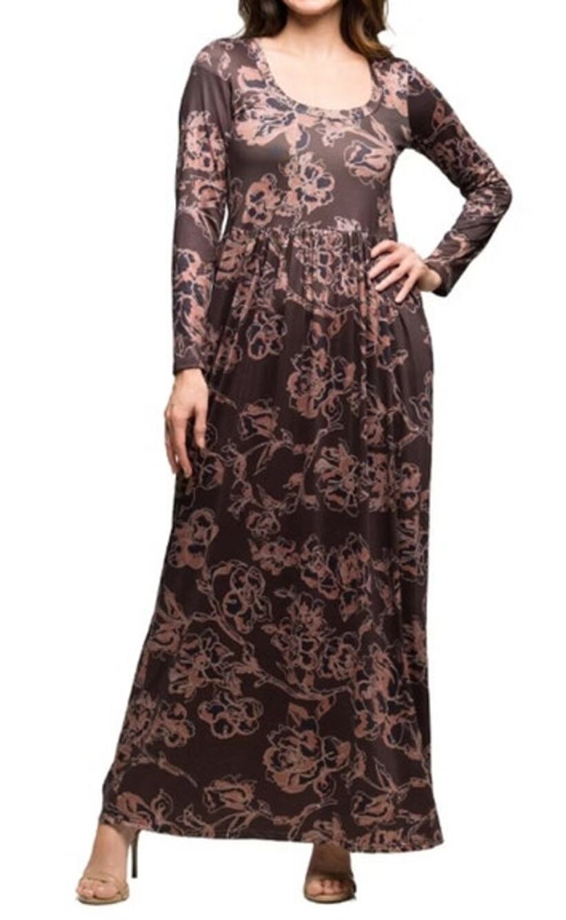 24Seven Comfort Apparel Women's Long-Sleeve Floral Print Maxi Dress in Brown